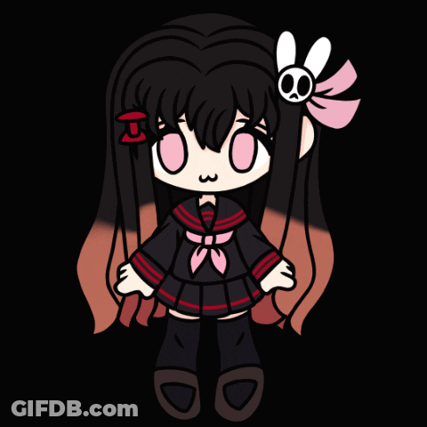 A Drawing Of A Girl With Black Hair And A Skull On Her Head GIF