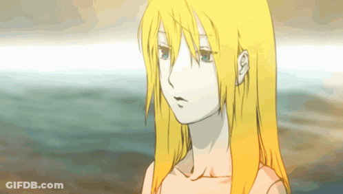 A Drawing Of A Girl With Blonde Hair Looking At Something GIF