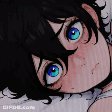 A Drawing Of A Girl With Blue Eyes And Black Hair GIF