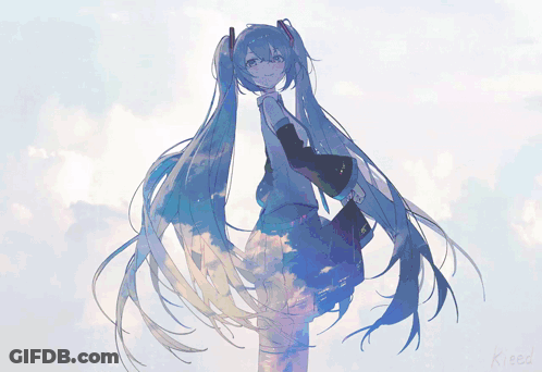A Drawing Of A Girl With Blue Hair And The Word Kieed On The Bottom GIF