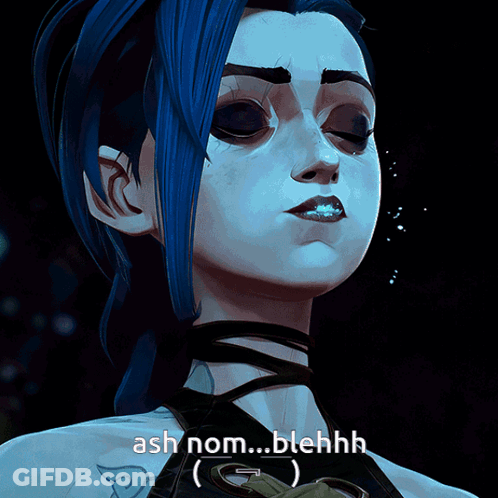 A Drawing Of A Girl With Blue Hair And The Words Ash Nom Blehhh GIF