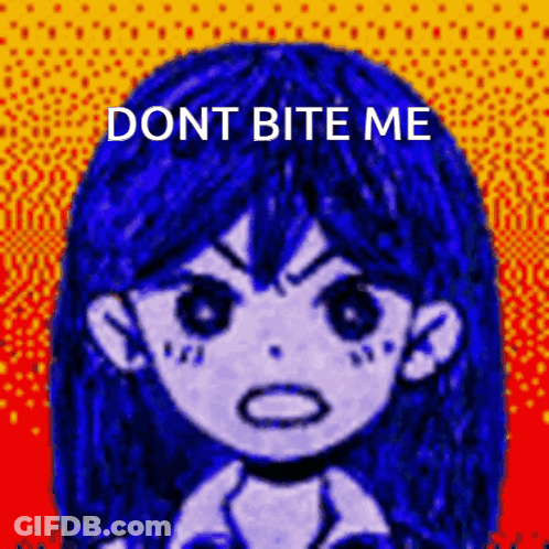 A Drawing Of A Girl With Blue Hair And The Words " Dont Bite Me " On The Bottom GIF