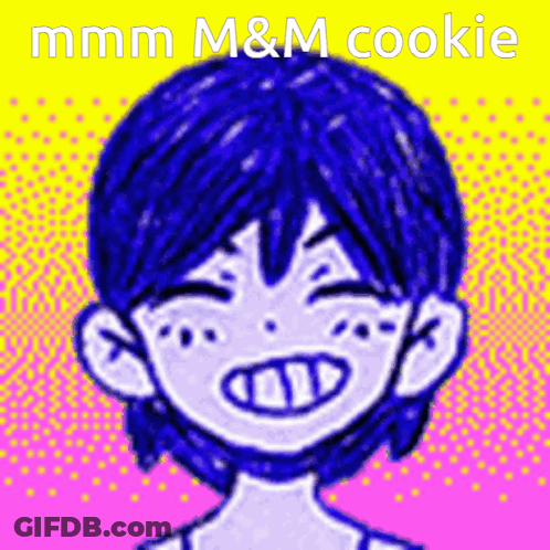 A Drawing Of A Girl With Blue Hair And The Words Mmmm M & M Cookie On The Bottom GIF