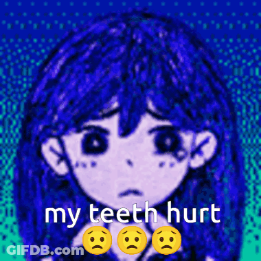 A Drawing Of A Girl With Blue Hair And The Words " My Teeth Hurt " GIF