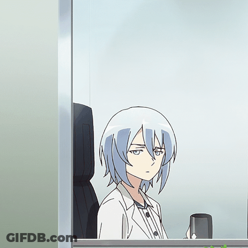 A Drawing Of A Girl With Blue Hair Drinking From A Black Mug GIF