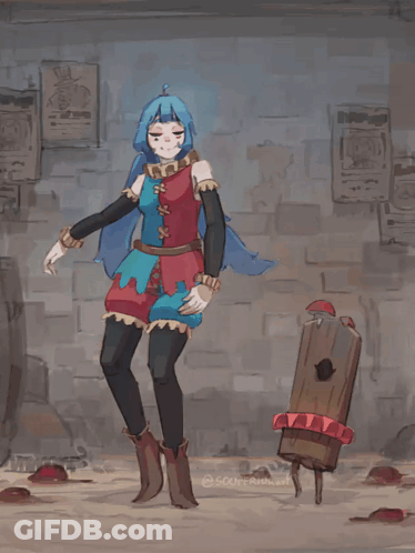 A Drawing Of A Girl With Blue Hair Standing Next To A Wooden Board GIF