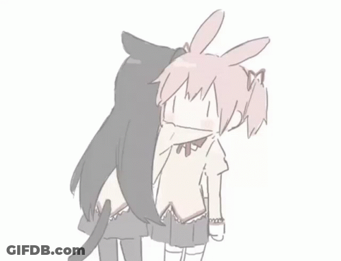 A Drawing Of A Girl With Bunny Ears Hugging A Cat . GIF