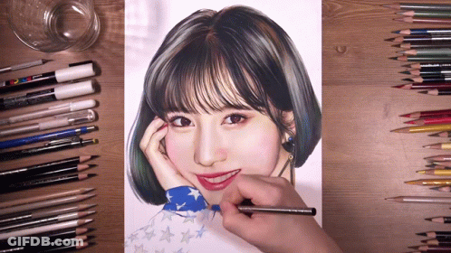 A Drawing Of A Girl With Colored Pencils And Markers GIF