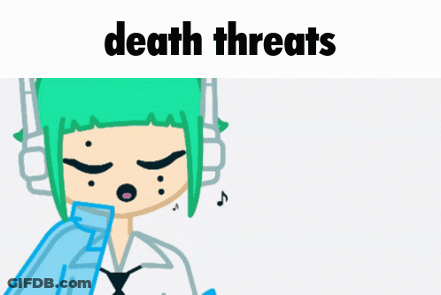 A Drawing Of A Girl With Green Hair And The Words Death Threats GIF