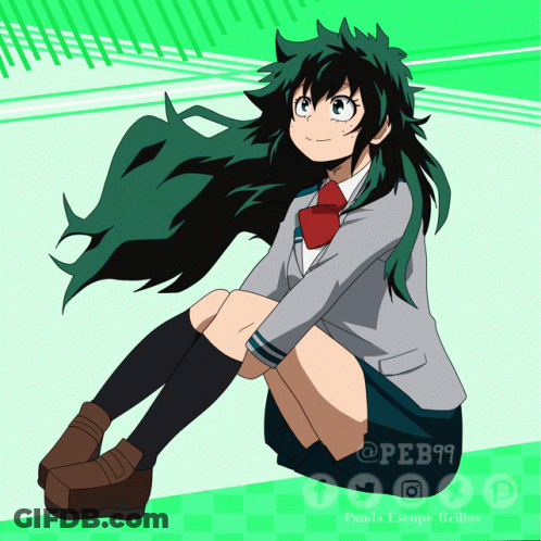 A Drawing Of A Girl With Green Hair Is Sitting On The Floor GIF