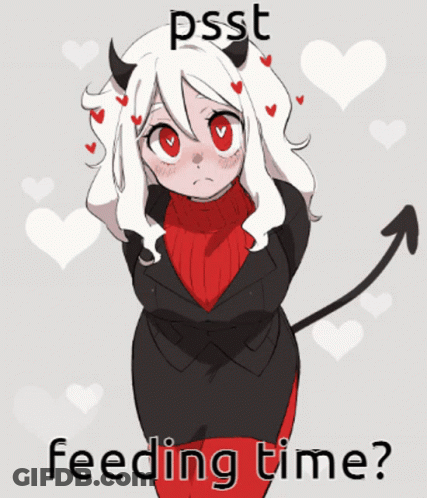 A Drawing Of A Girl With Horns And The Words Psst Feeding Time On The Bottom GIF