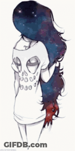A Drawing Of A Girl With Long Blue Hair And A Skull Shirt GIF