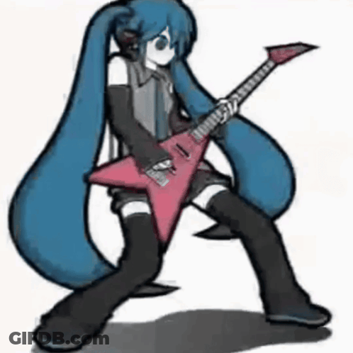 A Drawing Of A Girl With Long Blue Hair Holding A Pink Guitar GIF