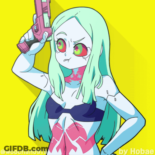 A Drawing Of A Girl With Long Green Hair Holding A Pink Gun By Hobae GIF