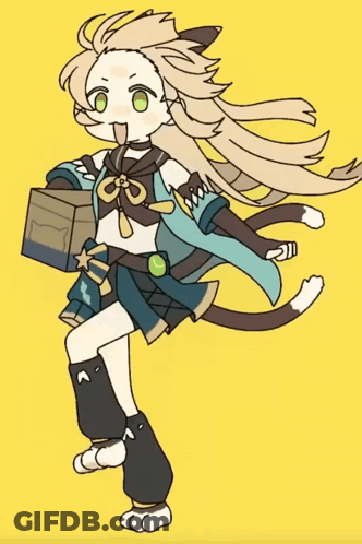 A Drawing Of A Girl With Long Hair And A Cat Tail Holding A Box GIF