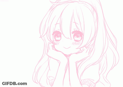 A Drawing Of A Girl With Long Pink Hair And Hearts Around Her GIF