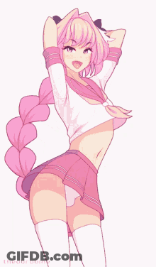 A Drawing Of A Girl With Pink Hair And A Pink Skirt Is Titled Theobrine GIF