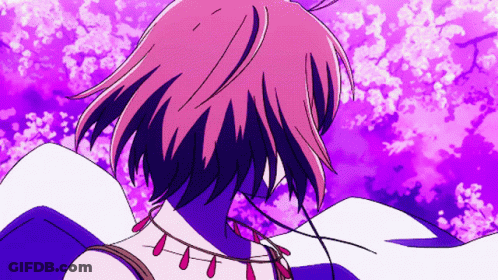 A Drawing Of A Girl With Pink Hair And A Purple Sky In The Background GIF