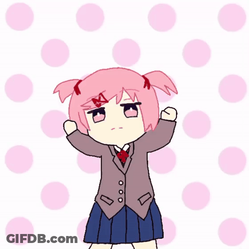 A Drawing Of A Girl With Pink Hair In A School Uniform With Polka Dots In The Background . GIF