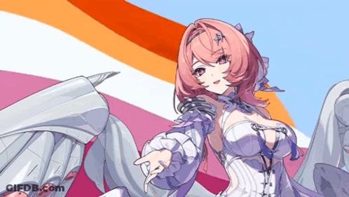 A Drawing Of A Girl With Pink Hair In Front Of A Rainbow Flag GIF