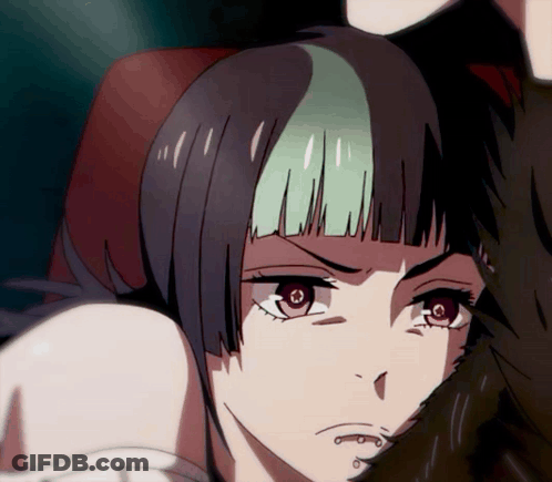 A Drawing Of A Girl With Purple Eyes And Green Hair GIF