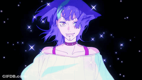 A Drawing Of A Girl With Purple Hair And A Choker Around Her Neck GIF