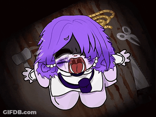 A Drawing Of A Girl With Purple Hair And A Hammer And Scissors In The Background GIF