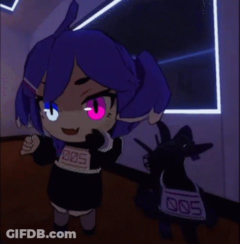 A Drawing Of A Girl With Purple Hair And A Purse With The Number 005 On It GIF