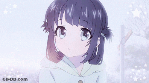 A Drawing Of A Girl With Purple Hair And A White Coat GIF