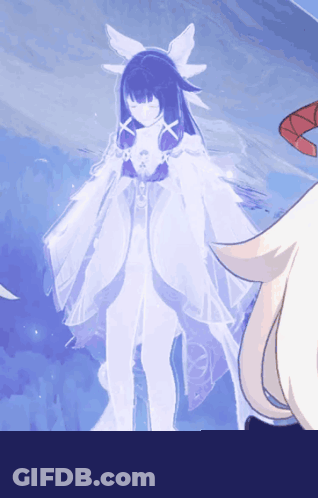 A Drawing Of A Girl With Purple Hair And A White Dress GIF