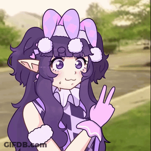A Drawing Of A Girl With Purple Hair And Bunny Ears Giving The Peace Sign GIF