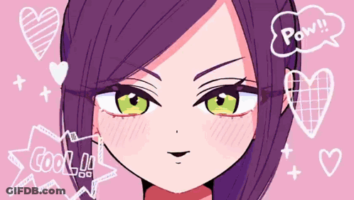 A Drawing Of A Girl With Purple Hair And Green Eyes Says Pow GIF