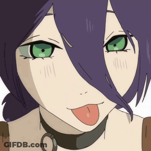 A Drawing Of A Girl With Purple Hair And Green Eyes Sticking Her Tongue Out GIF