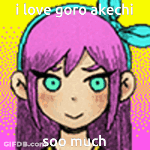 A Drawing Of A Girl With Purple Hair And Green Eyes With The Words I Love Goro Akchi Soo Much GIF