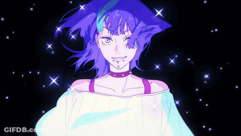 A Drawing Of A Girl With Purple Hair And Stars Around Her GIF