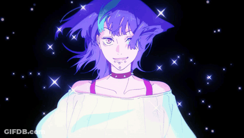 A Drawing Of A Girl With Purple Hair And Stars Around Her GIF