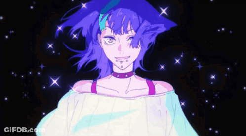 A Drawing Of A Girl With Purple Hair And Stars In The Background GIF