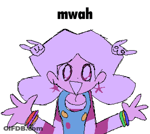 A Drawing Of A Girl With Purple Hair And The Word Mwah In The Corner GIF