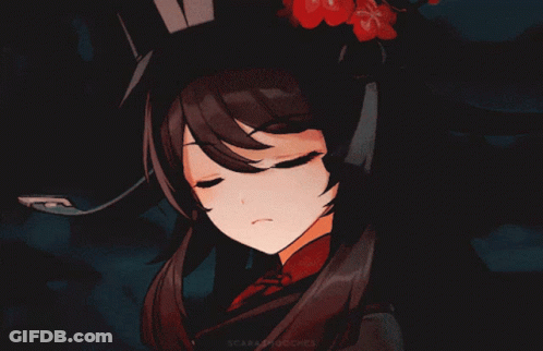 A Drawing Of A Girl With Red Eyes And A Hat With A Flower On It GIF