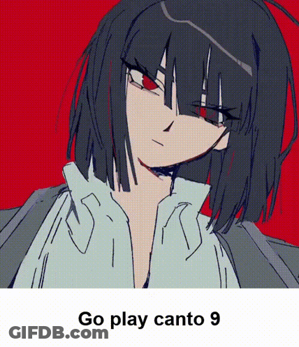 A Drawing Of A Girl With Red Eyes And The Words Go Play Canto 9 Below It GIF
