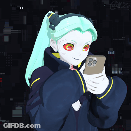 A Drawing Of A Girl With Red Eyes Holding A Cell Phone With The Letter N On The Bottom Right GIF