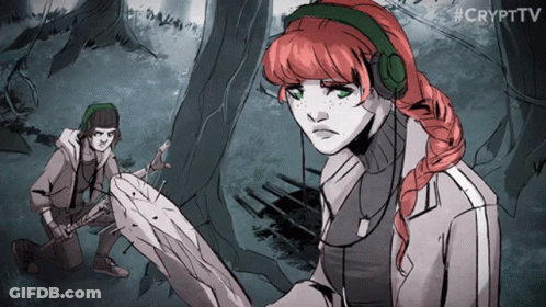 A Drawing Of A Girl With Red Hair And Headphones With #Crypttv In The Upper Right Corner GIF