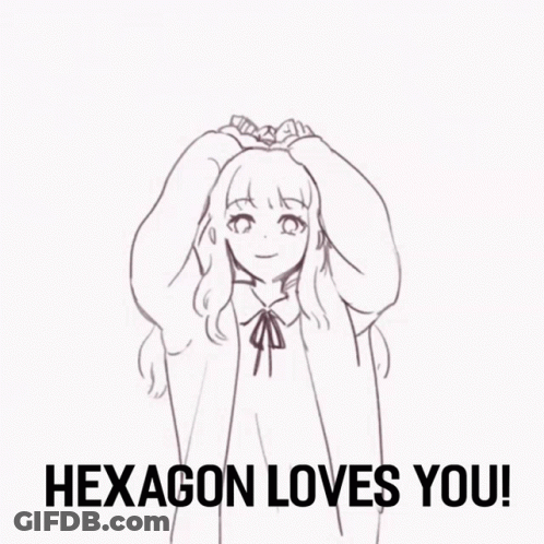A Drawing Of A Girl With The Words Hexagon Loves You Below It GIF