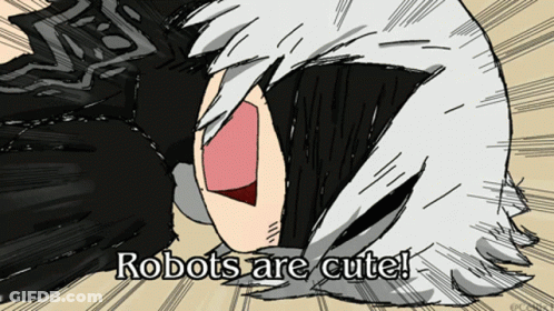 A Drawing Of A Girl With The Words " Robots Are Cute " On The Bottom GIF