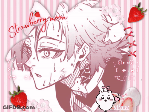 A Drawing Of A Girl With The Words Strawberry Moon Written Above Her GIF