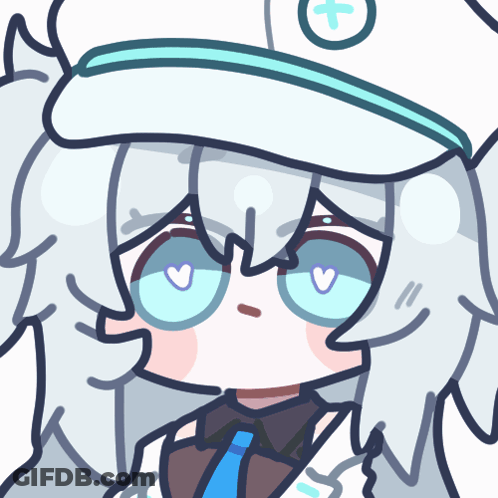 A Drawing Of A Girl With White Hair And A Hat With A Cross On It GIF