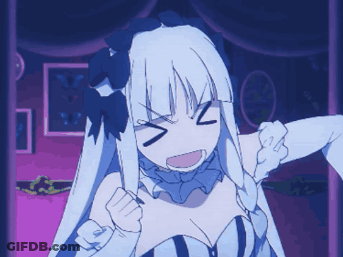 A Drawing Of A Girl With White Hair And Blue Bows On Her Head GIF
