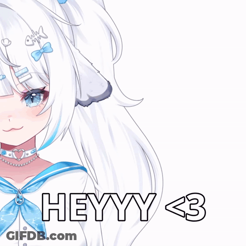 A Drawing Of A Girl With White Hair And The Words Heyyy < 3 Below Her GIF