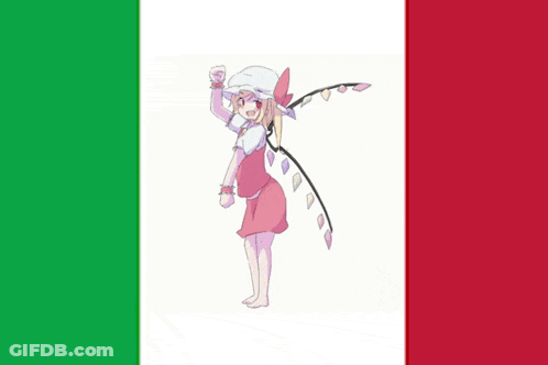 A Drawing Of A Girl With Wings Standing In Front Of A Green And Red Flag GIF