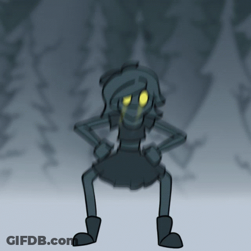 A Drawing Of A Girl With Yellow Eyes Standing In A Forest GIF